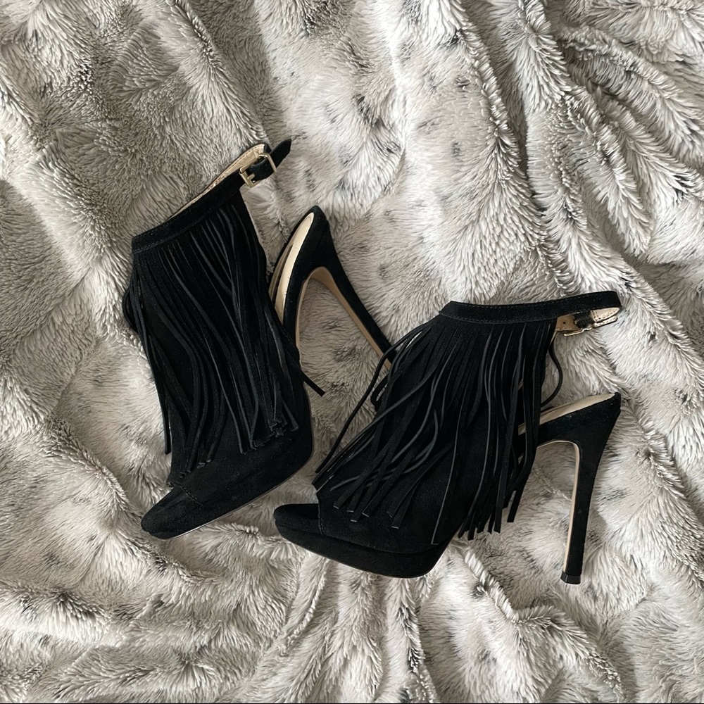 *HOST PICK* BCBG Black Open Toe Stiletto Pumps with Fringe 6.5